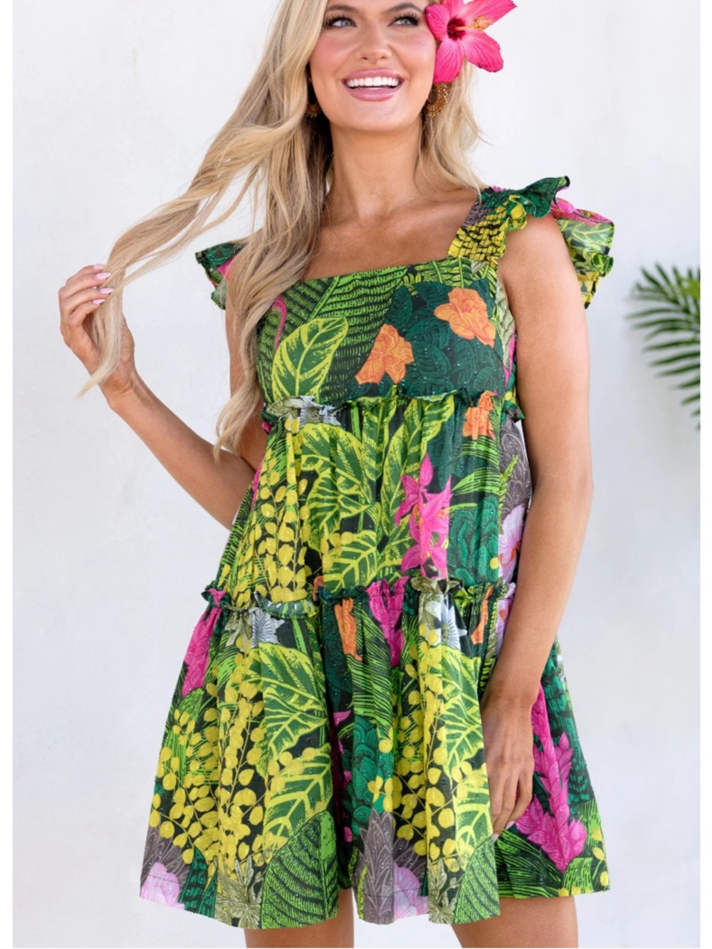 Red dress boutique Tropical Green Floral Ruffle Strap Sundress